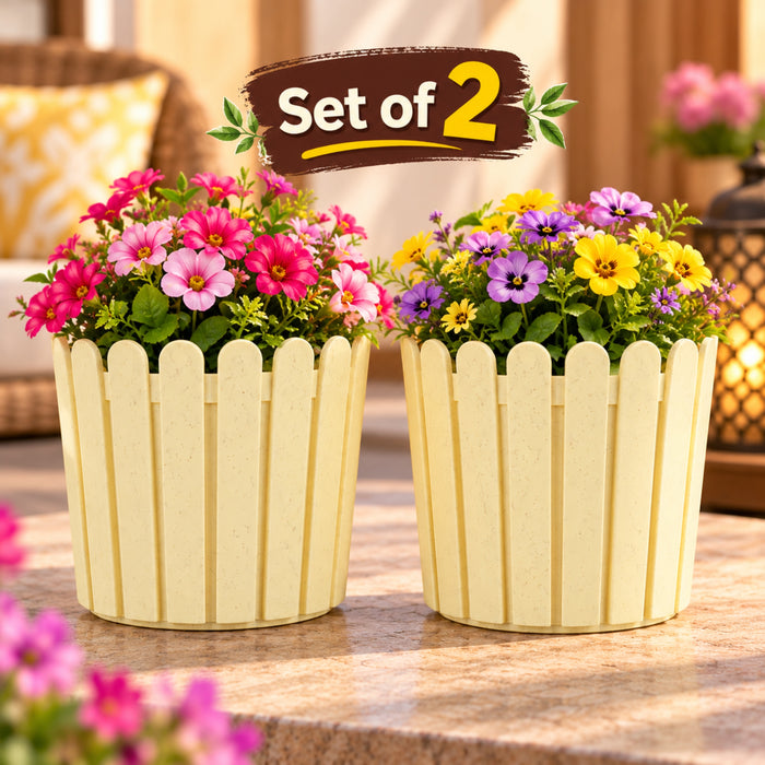 (Set of 2) 6 inch French Round Planters , Premium Plastic pots, Uv Protected (Marble Beige)