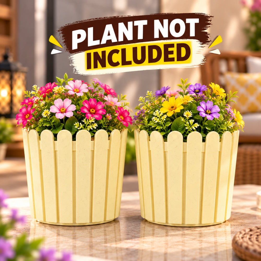 (Set of 2) 6 inch French Round Planters , Premium Plastic pots, Uv Protected (Marble Beige)