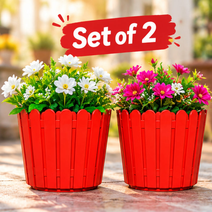 (Set of 2) 6 inch French Round Planters , Premium Plastic pots, Uv Protected (Red)