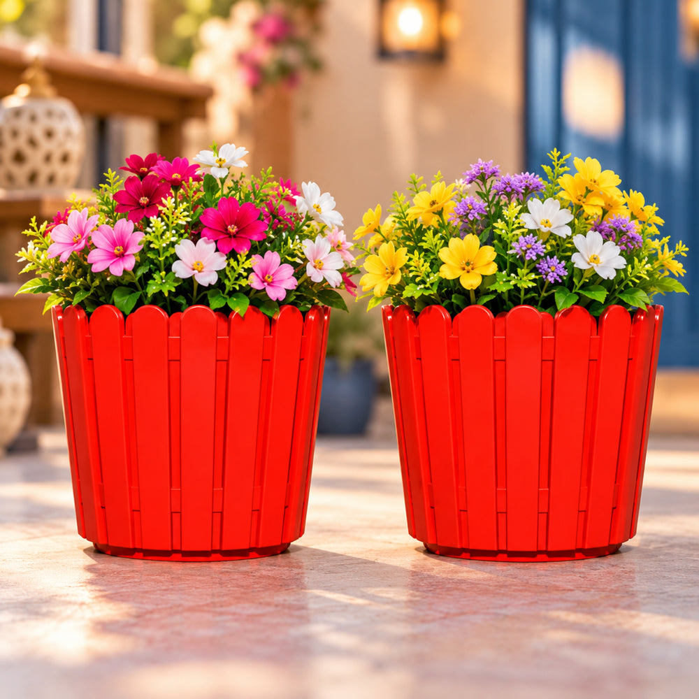 (Set of 2) 6 inch French Round Planters , Premium Plastic pots, Uv Protected (Red)
