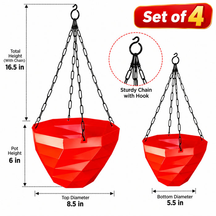 Hanging (Set of 4) (Red) designer Hanging Basket Plastic Nursery Pots
