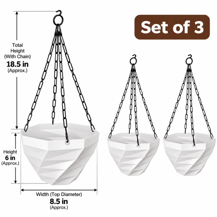 3DEE Hanging (Set of 3) (White) designer Hanging Basket Plastic Nursery Pots