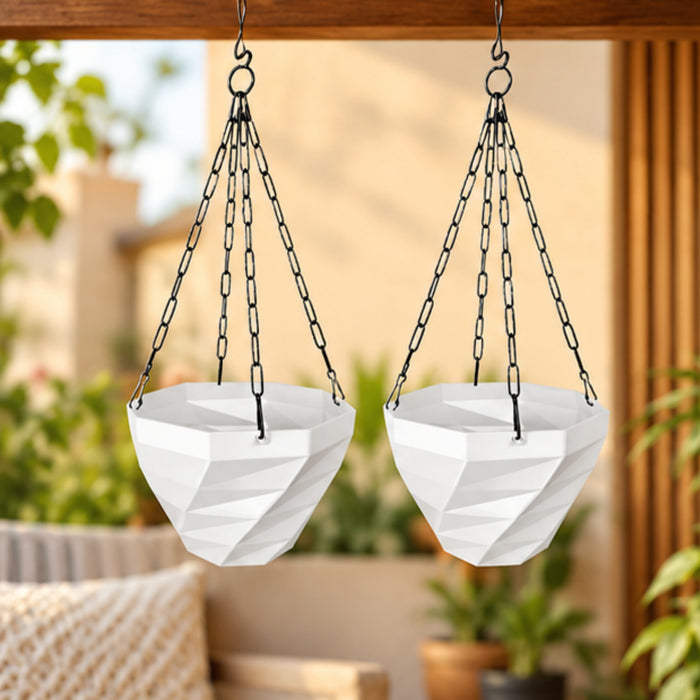 3DEE Hanging (Set of 2) (White) designer Hanging Basket Plastic Nursery Pots