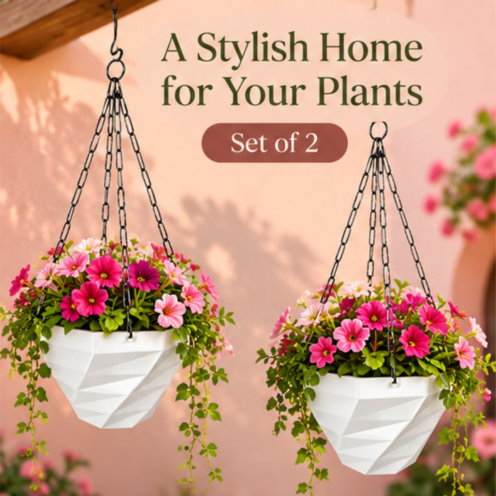 3DEE Hanging (Set of 2) (White) designer Hanging Basket Plastic Nursery Pots