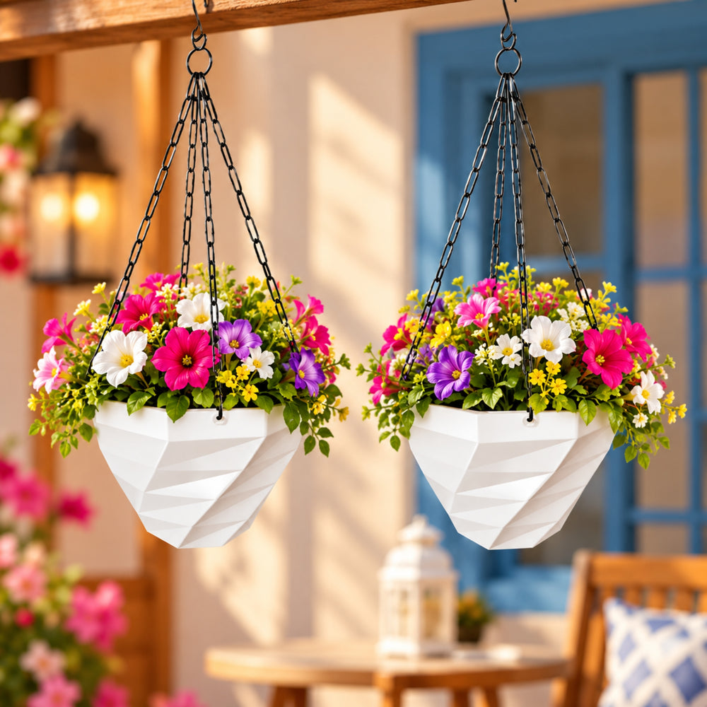 3DEE Hanging (Set of 2) (White) designer Hanging Basket Plastic Nursery Pots