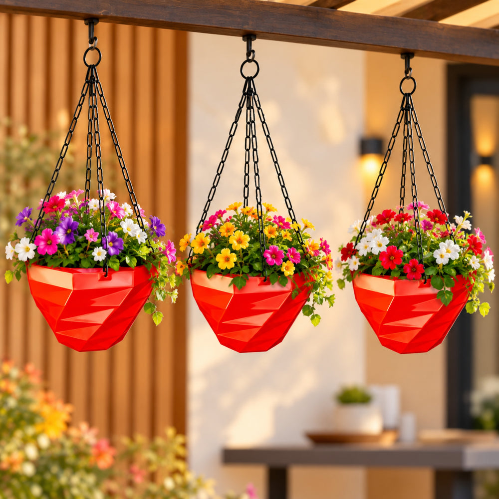 3DEE Hanging (Set of 3) (Red) designer Hanging Basket Plastic Nursery Pots