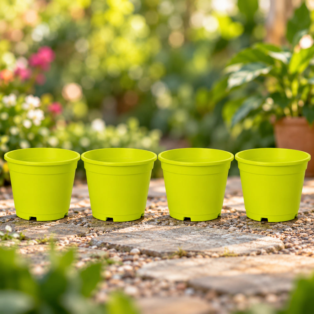 6 inch Set of 4 Small plastic pots for Outdoors ( Plastic Pots for Home Plants) (Green)