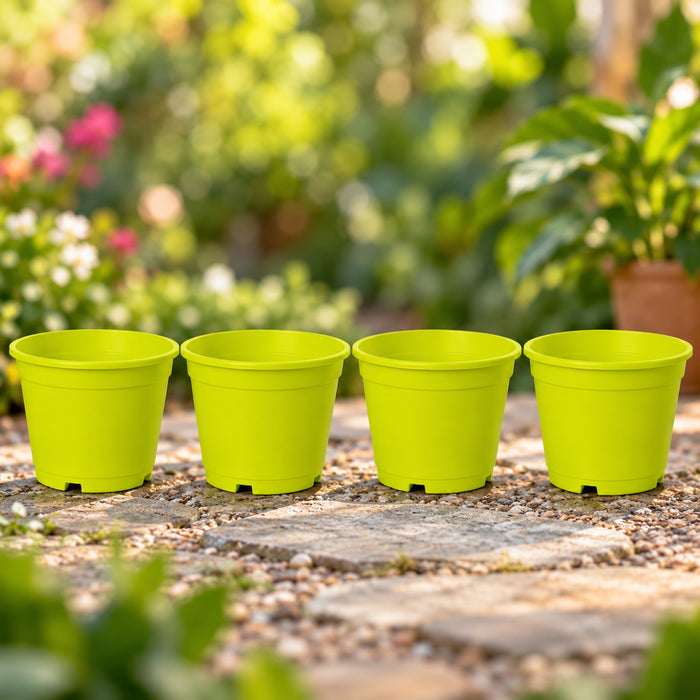 6 inch Set of 4 Small plastic pots for Outdoors ( Plastic Pots for Home Plants) (Green)