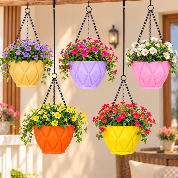 6.5 Inch Geometric Plastic Hanging Planter Pots Set of 5 with Chains – Solitaire Design