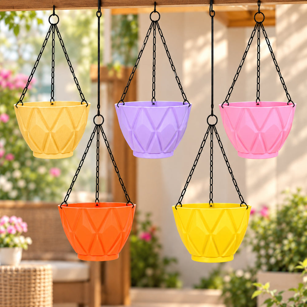 6.5 Inch Geometric Plastic Hanging Planter Pots Set of 5 with Chains – Solitaire Design