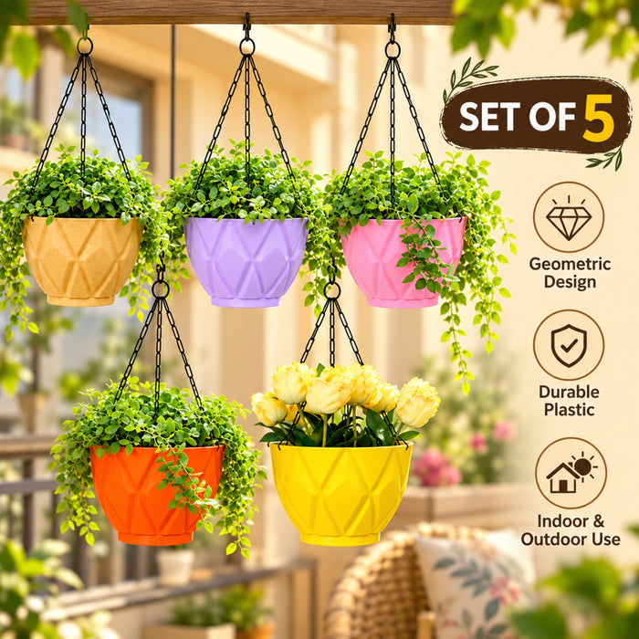 6.5 Inch Geometric Plastic Hanging Planter Pots Set of 5 with Chains – Solitaire Design