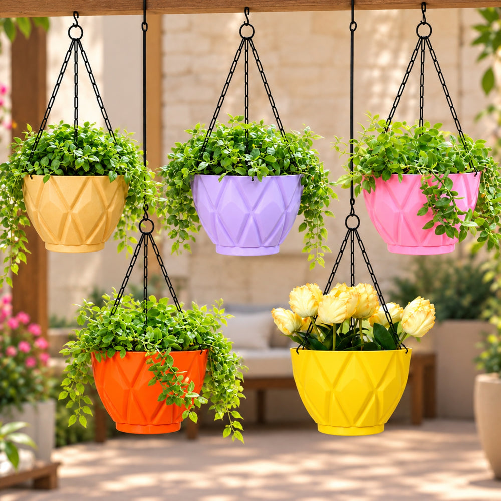 6.5 Inch Geometric Plastic Hanging Planter Pots Set of 5 with Chains – Solitaire Design