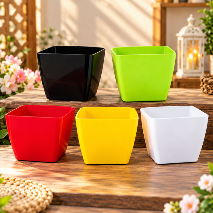 4 Inch Square Plastic Flower Pots Set of 5 – Multicolor Planters for Succulents & Herbs