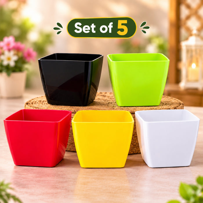 4 Inch Square Plastic Flower Pots Set of 5 – Multicolor Planters for Succulents & Herbs