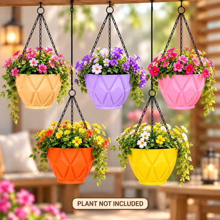6.5 Inch Geometric Plastic Hanging Planter Pots Set of 5 with Chains – Solitaire Design