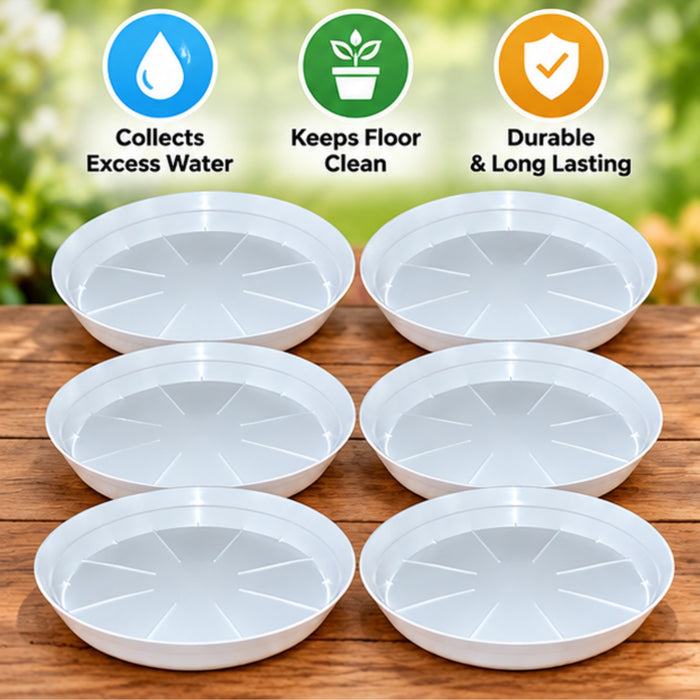 11 Inch Plastic Plant Saucer Tray Set of 6 – White Pot Plates for Indoor & Outdoor Plants