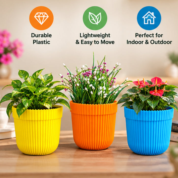 5 Inch Ribbed Plastic Planters Set of 3 – Yellow, Orange & Blue Pots for Indoor Plants