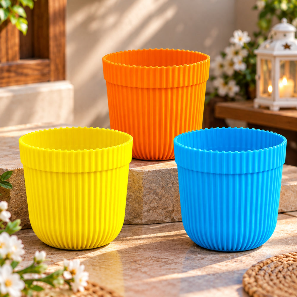 5 Inch Ribbed Plastic Planters Set of 3 – Yellow, Orange & Blue Pots for Indoor Plants