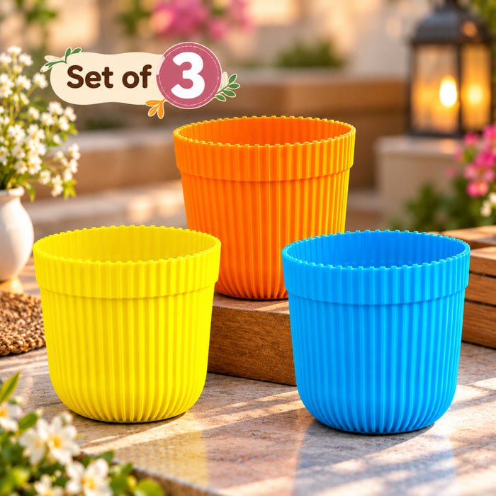 5 Inch Ribbed Plastic Planters Set of 3 – Yellow, Orange & Blue Pots for Indoor Plants