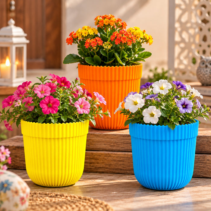 5 Inch Ribbed Plastic Planters Set of 3 – Yellow, Orange & Blue Pots for Indoor Plants