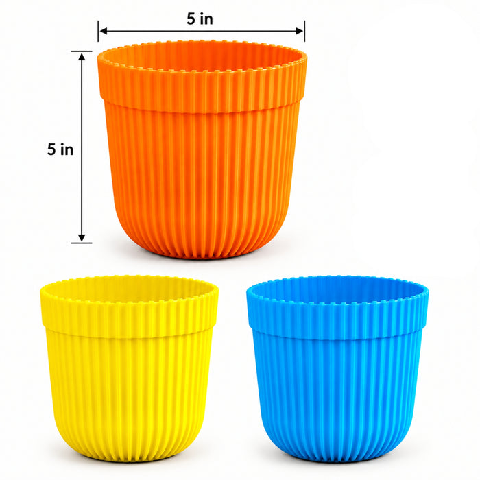 5 Inch Ribbed Plastic Planters Set of 3 – Yellow, Orange & Blue Pots for Indoor Plants