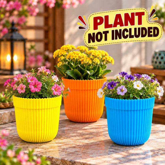 5 Inch Ribbed Plastic Planters Set of 3 – Yellow, Orange & Blue Pots for Indoor Plants