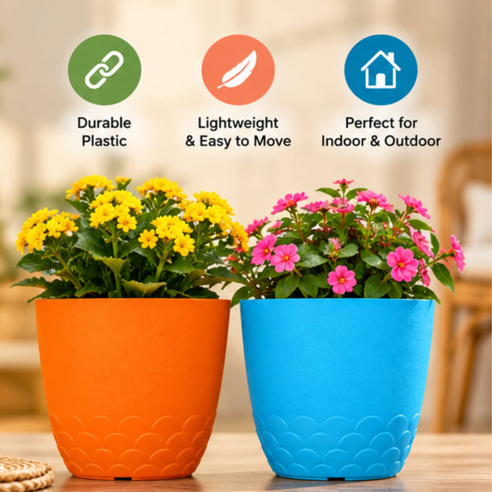 10 Inch Scallop Design Plastic Planter Pots Set of 2 – Orange & Blue Decorative Pots