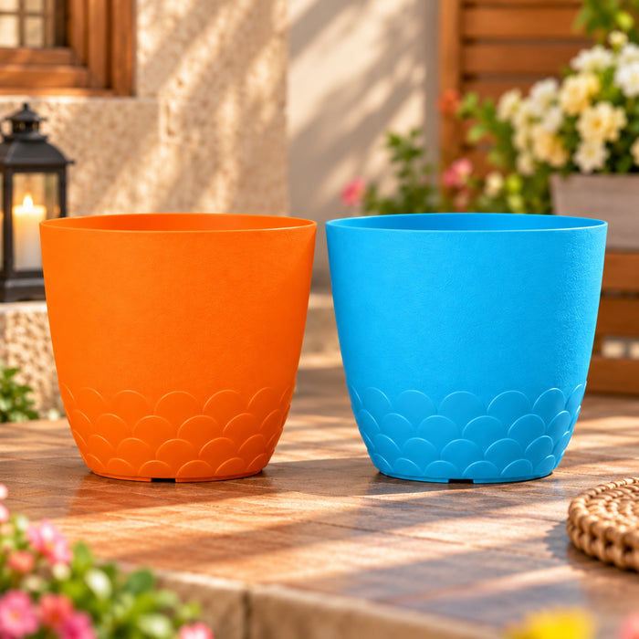 10 Inch Scallop Design Plastic Planter Pots Set of 2 – Orange & Blue Decorative Pots