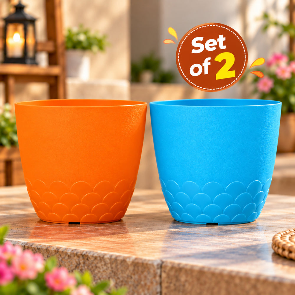 10 Inch Scallop Design Plastic Planter Pots Set of 2 – Orange & Blue Decorative Pots