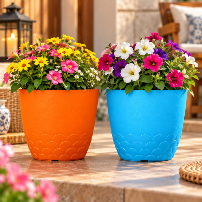 10 Inch Scallop Design Plastic Planter Pots Set of 2 – Orange & Blue Decorative Pots