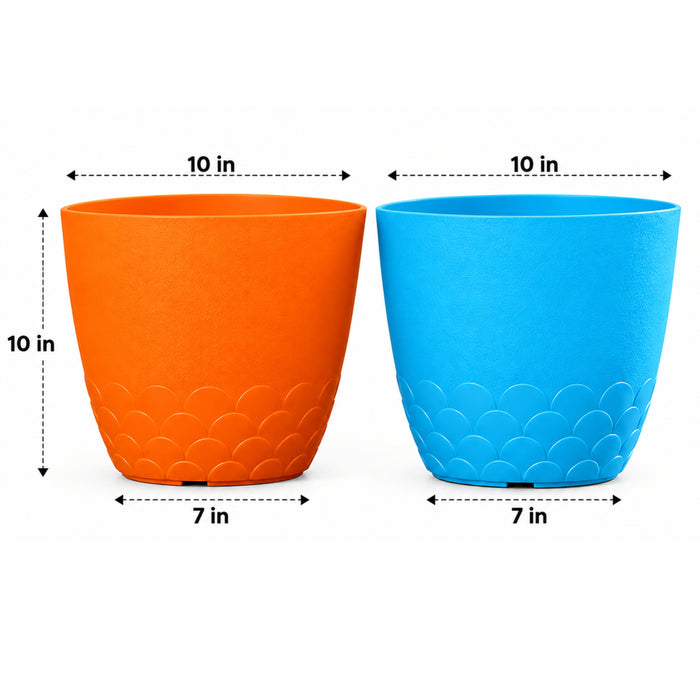 10 Inch Scallop Design Plastic Planter Pots Set of 2 – Orange & Blue Decorative Pots
