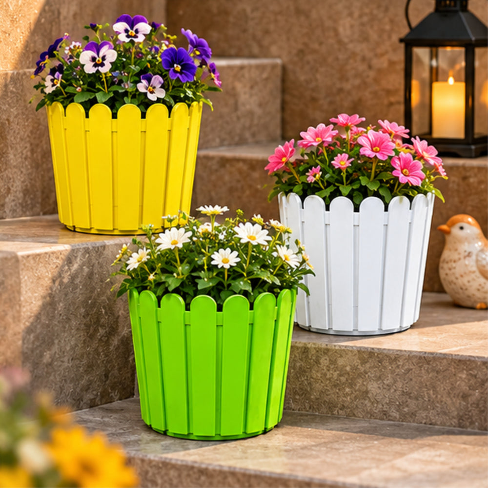 8 Inch Picket Fence Plastic Planter Pots Set of 3 – Green, Yellow & White Garden Pots