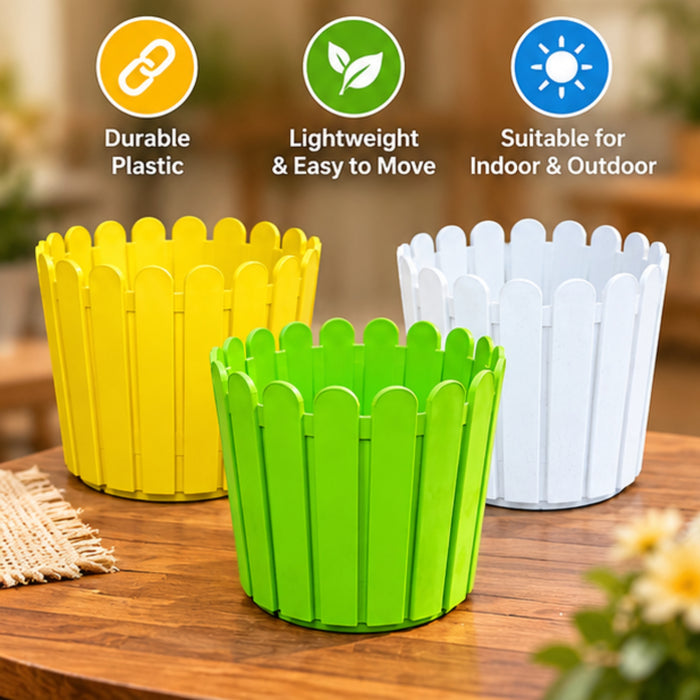 8 Inch Picket Fence Plastic Planter Pots Set of 3 – Green, Yellow & White Garden Pots