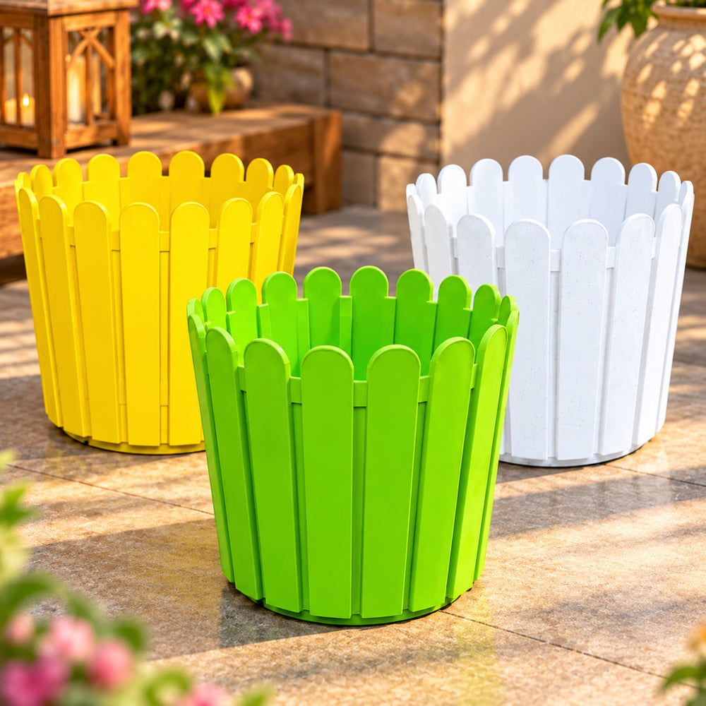 8 Inch Picket Fence Plastic Planter Pots Set of 3 – Green, Yellow & White Garden Pots
