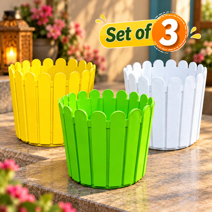 8 Inch Picket Fence Plastic Planter Pots Set of 3 – Green, Yellow & White Garden Pots