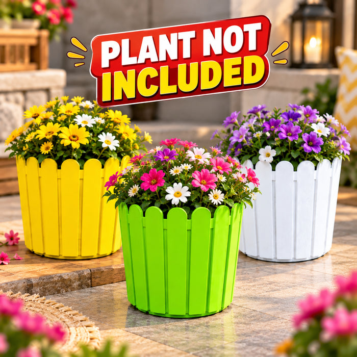 8 Inch Picket Fence Plastic Planter Pots Set of 3 – Green, Yellow & White Garden Pots
