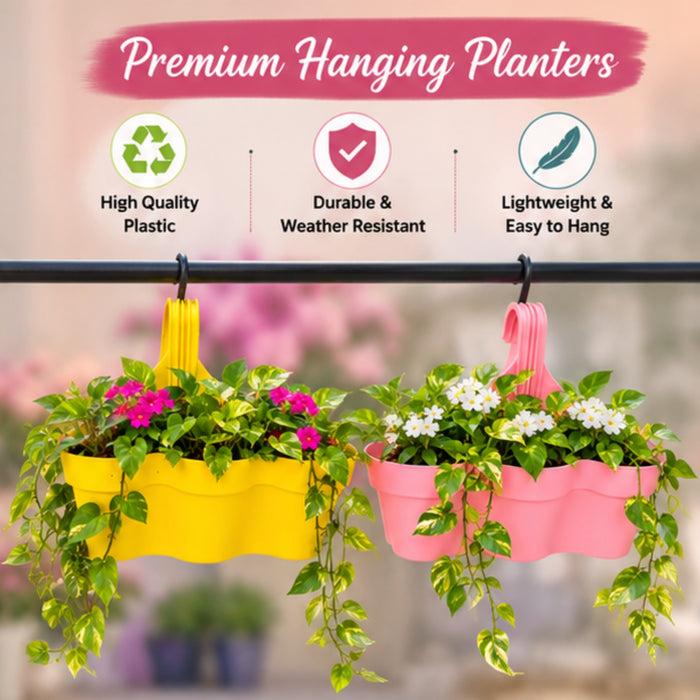 11 Inch 3-Compartment Plastic Hanging Planter Set of 2 – Yellow & Pink Balcony Flower Pots
