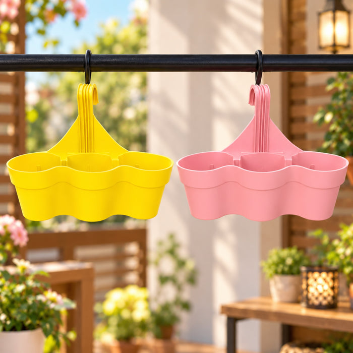 11 Inch 3-Compartment Plastic Hanging Planter Set of 2 – Yellow & Pink Balcony Flower Pots