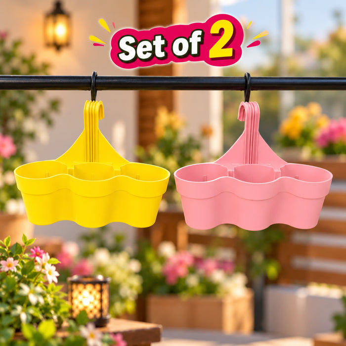 11 Inch 3-Compartment Plastic Hanging Planter Set of 2 – Yellow & Pink Balcony Flower Pots