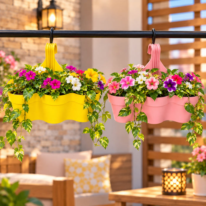 11 Inch 3-Compartment Plastic Hanging Planter Set of 2 – Yellow & Pink Balcony Flower Pots