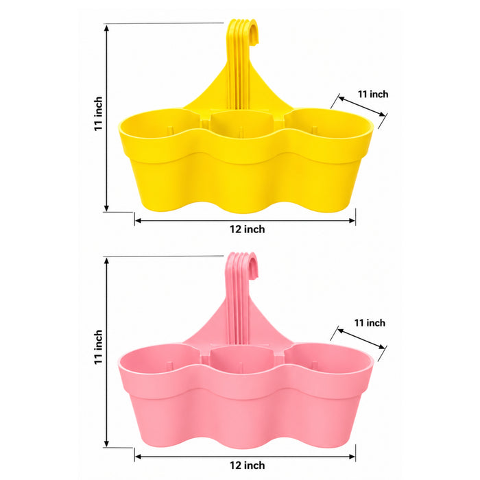 11 Inch 3-Compartment Plastic Hanging Planter Set of 2 – Yellow & Pink Balcony Flower Pots
