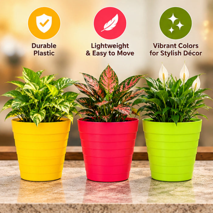 10 Inch Ribbed Plastic Planter Pots Set of 3 – Colorful Decorative Flower Pots