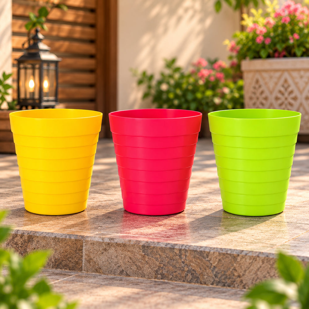 10 Inch Ribbed Plastic Planter Pots Set of 3 – Colorful Decorative Flower Pots