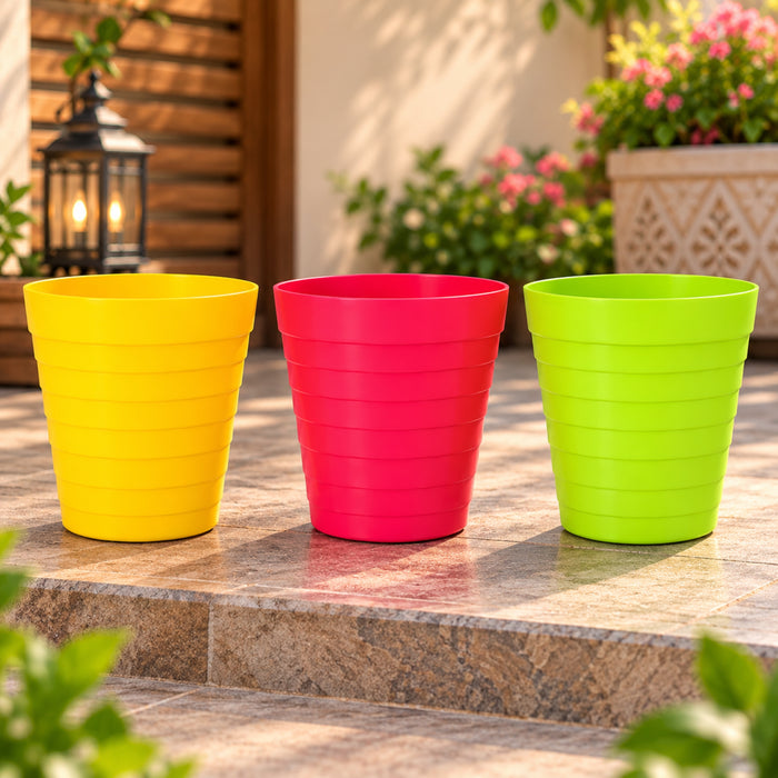 10 Inch Ribbed Plastic Planter Pots Set of 3 – Colorful Decorative Flower Pots