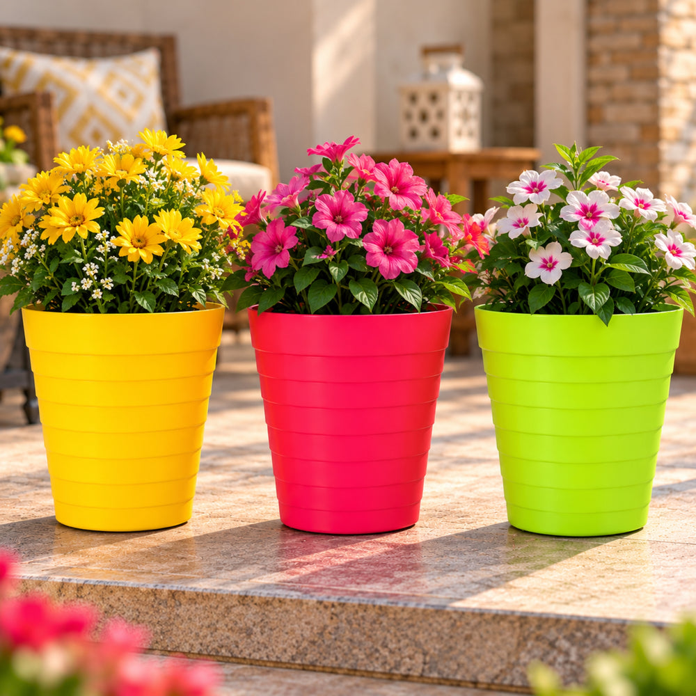 10 Inch Ribbed Plastic Planter Pots Set of 3 – Colorful Decorative Flower Pots