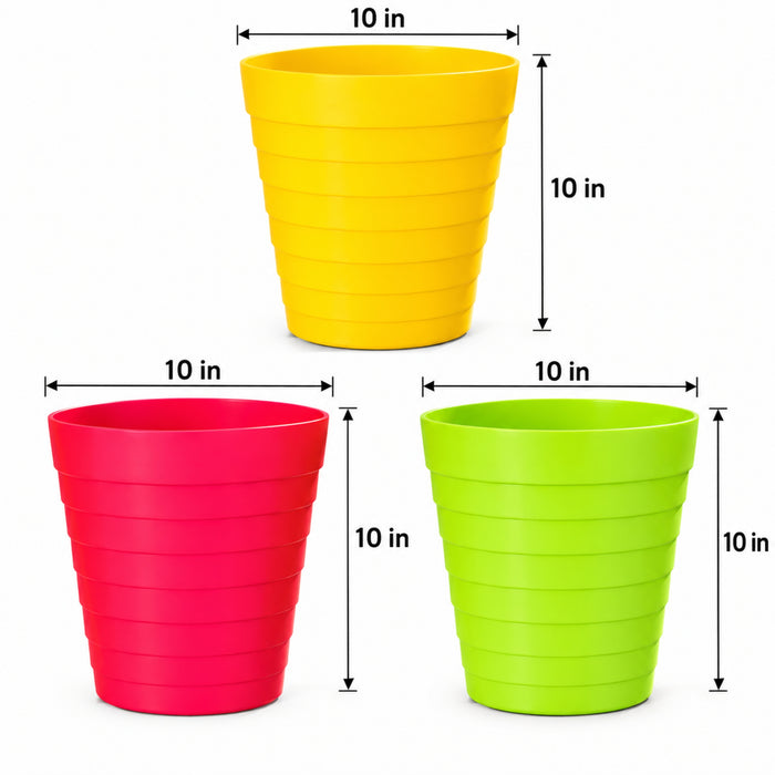 10 Inch Ribbed Plastic Planter Pots Set of 3 – Colorful Decorative Flower Pots