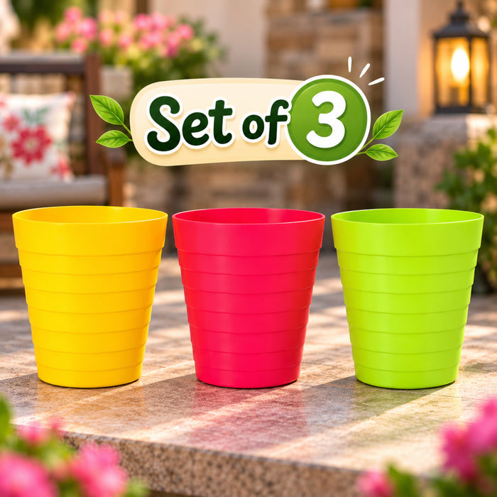 10 Inch Ribbed Plastic Planter Pots Set of 3 – Colorful Decorative Flower Pots
