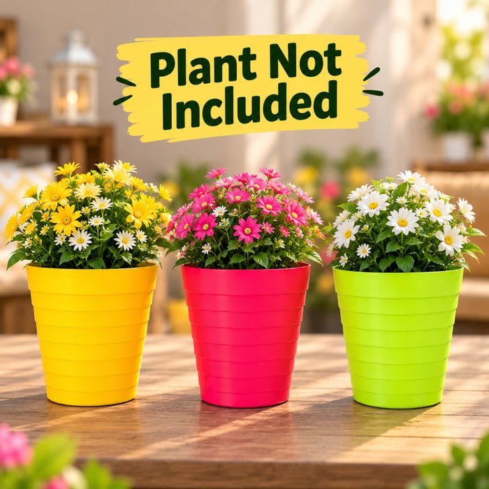 10 Inch Ribbed Plastic Planter Pots Set of 3 – Colorful Decorative Flower Pots