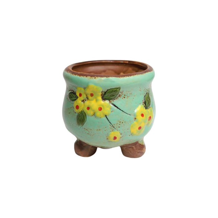 Wonderland 9 inch height blue with yellow flowers  ceramic pots for real plants