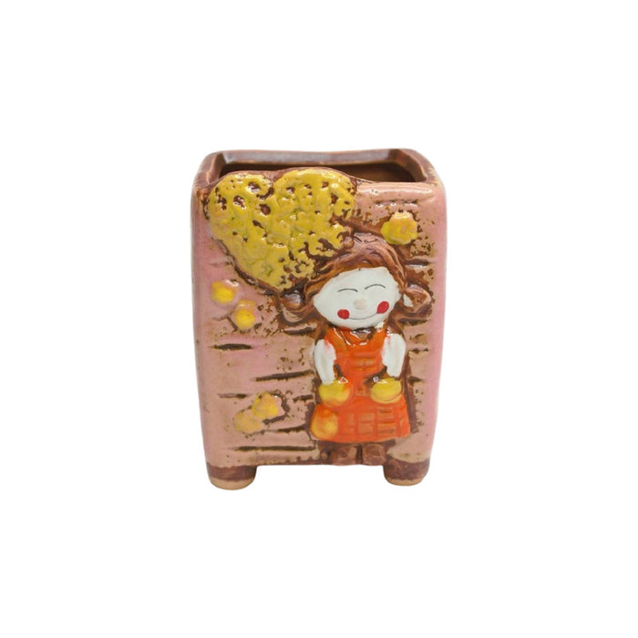 Wonderland Ceramic brown pot with girl | can grow plants directly